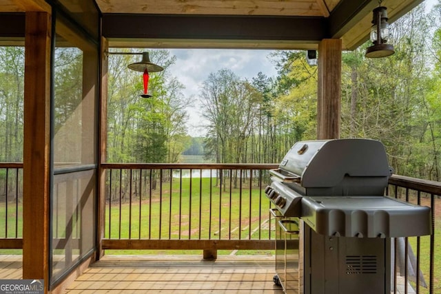142 Holland Dam Dr, Maysville, GA 30558 - wooden terrace featuring a grill and a yard