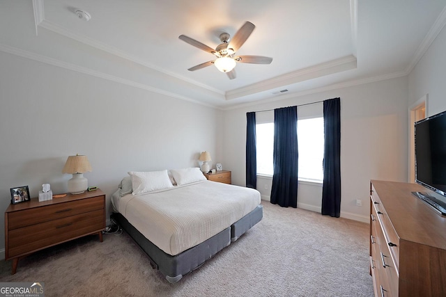 3323 Owl Creek Pkwy, Acworth, GA 30102 - bedroom with a raised ceiling, light colored carpet, ornamental molding, baseboards, and ceiling fan