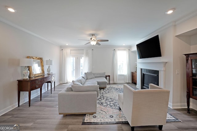 3323 Owl Creek Pkwy, Acworth, GA 30102 - living area with ceiling fan, ornamental molding, a glass covered fireplace, baseboards, and recessed lighting