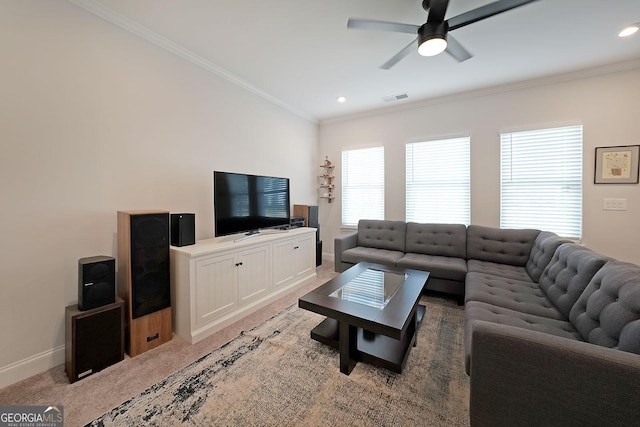 3323 Owl Creek Pkwy, Acworth, GA 30102 - living area with ornamental molding, ceiling fan, baseboards, light colored carpet, and recessed lighting