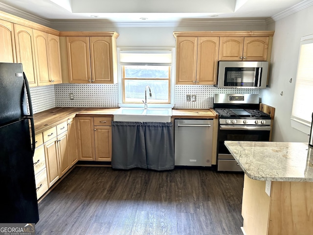 6121 N Main St SE, Acworth, GA 30101 - kitchen with light brown cabinetry, appliances with stainless steel finishes, a sink, butcher block countertops, and ornamental molding