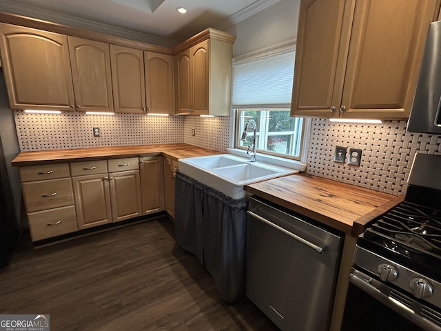 6121 N Main St SE, Acworth, GA 30101 - kitchen featuring a sink, appliances with stainless steel finishes, decorative backsplash, and butcher block counters