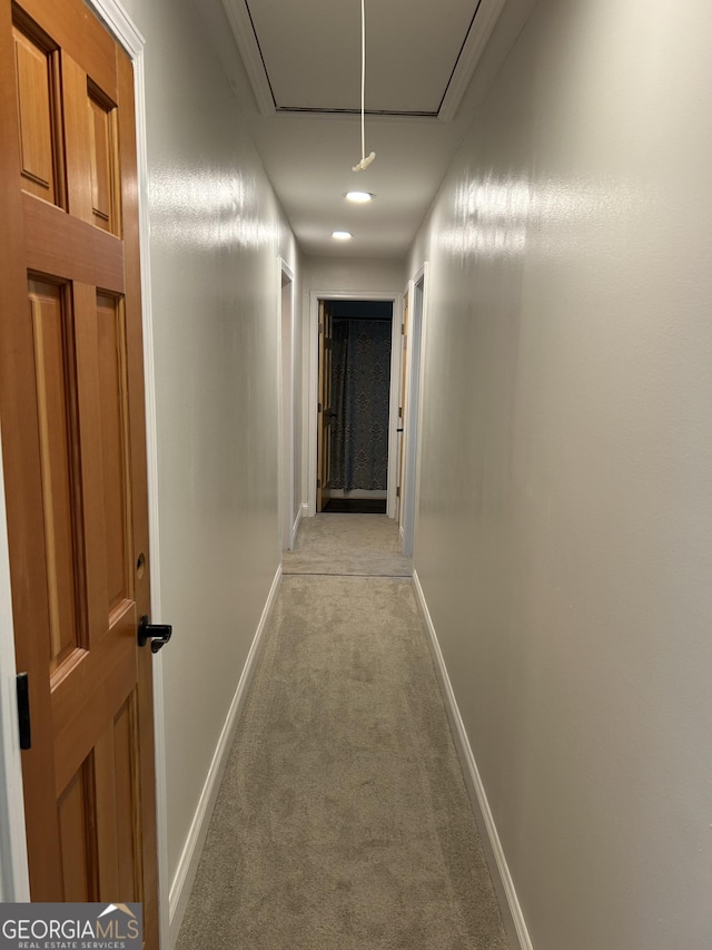 6121 N Main St SE, Acworth, GA 30101 - corridor featuring baseboards, attic access, and light colored carpet