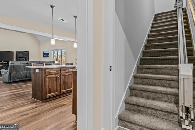 1030 Open Water Dr, Greensboro, GA 30642 - stairs featuring wood finished floors and lofted ceiling