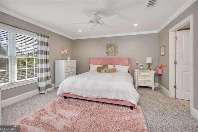 123 E Commons Dr, Saint Simons, GA 31522 - bedroom featuring light colored carpet, ornamental molding, recessed lighting, and a ceiling fan