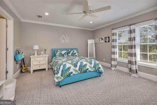 123 E Commons Dr, Saint Simons, GA 31522 - bedroom with carpet, crown molding, recessed lighting, and a ceiling fan