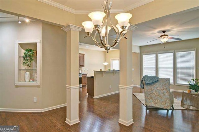 4854 Allston Ln, Peachtree Corners, GA 30092 - interior space featuring dark wood-style floors, ceiling fan with notable chandelier, baseboards, and ornate columns