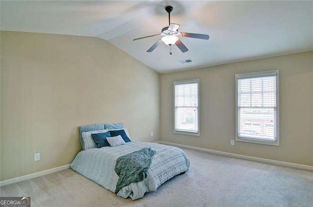 4854 Allston Ln, Peachtree Corners, GA 30092 - carpeted bedroom with a ceiling fan, baseboards, vaulted ceiling, and visible vents