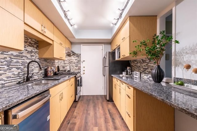 6851 Roswell Rd Unit A-12, Atlanta, GA 30328 - kitchen featuring stainless steel appliances, a sink, rail lighting, dark wood-style flooring, and decorative backsplash