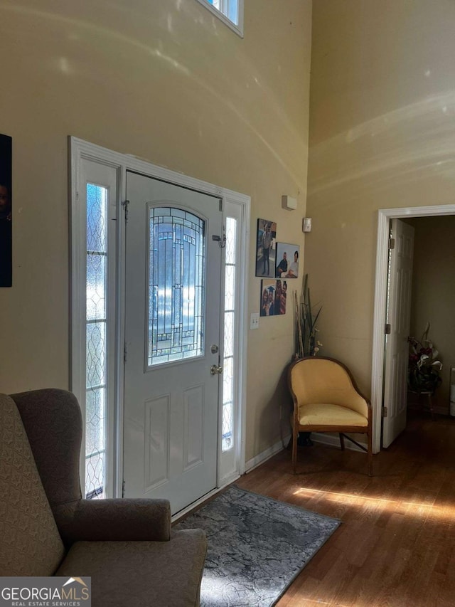 foyer with a towering ceiling and wood finished floors