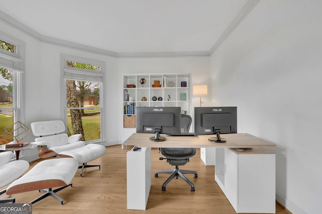 office space featuring baseboards, ornamental molding, and wood finished floors