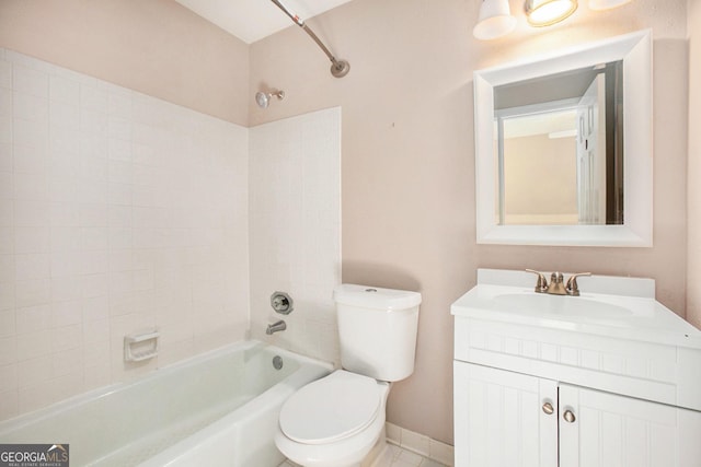 full bath with washtub / shower combination, toilet, and vanity