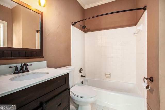 bathroom featuring bathing tub / shower combination, vanity, ornamental molding, toilet, and a textured wall