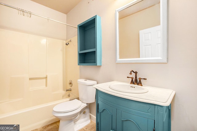 full bathroom featuring vanity, baseboards, tile patterned floors,  shower combination, and toilet