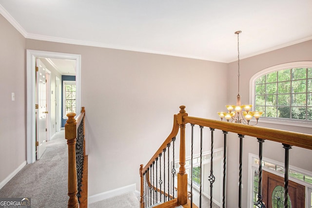 hall with a chandelier, a wealth of natural light, an upstairs landing, and carpet flooring