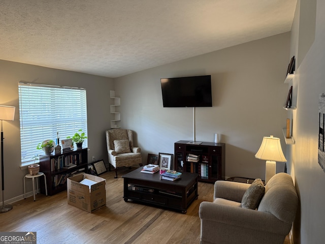 living area featuring baseboards, lofted ceiling, a textured ceiling, and wood finished floors