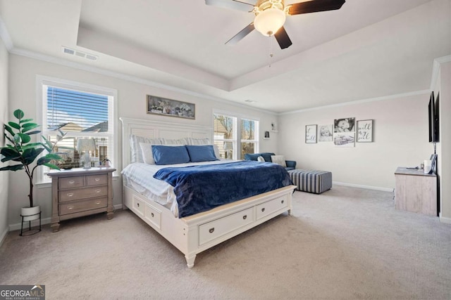 127 Crest Brooke Dr, Canton, GA 30115 - bedroom with a tray ceiling, light colored carpet, visible vents, and baseboards