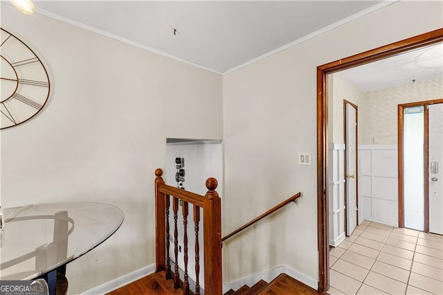 5429 Golfcrest Cir, Stone Mountain, GA 30088 - stairway featuring baseboards, tile patterned flooring, and ornamental molding