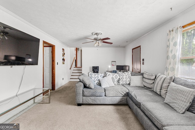 5429 Golfcrest Cir, Stone Mountain, GA 30088 - carpeted living room with a ceiling fan, ornamental molding, stairs, and a textured ceiling