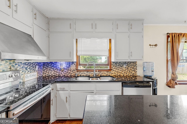 5429 Golfcrest Cir, Stone Mountain, GA 30088 - kitchen featuring dark countertops, a sink, stainless steel appliances, and wall chimney exhaust hood