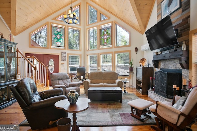 1466 Newport Dr, Ellijay, GA 30540 - living area featuring wooden ceiling, hardwood / wood-style floors, high vaulted ceiling, a fireplace, and stairway