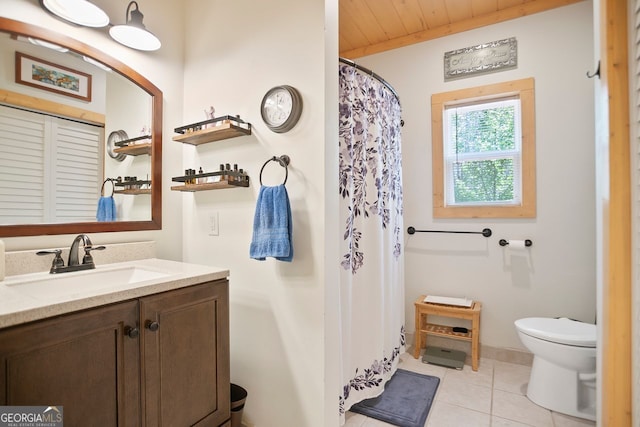 1466 Newport Dr, Ellijay, GA 30540 - full bath with vanity, tile patterned flooring, wood ceiling, and a shower with shower curtain