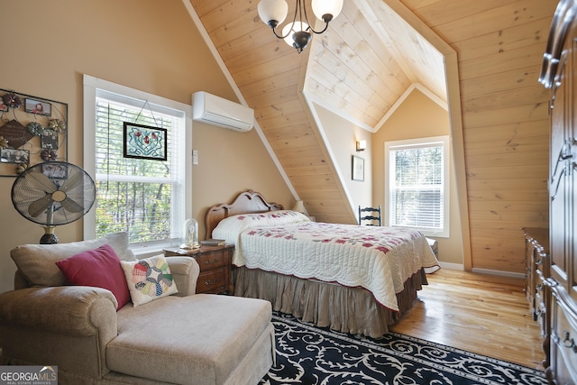 1466 Newport Dr, Ellijay, GA 30540 - bedroom with a wall mounted air conditioner, light wood-style flooring, wooden ceiling, and vaulted ceiling
