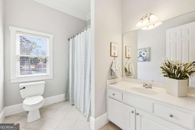 full bathroom featuring tile patterned floors, toilet, baseboards, and vanity