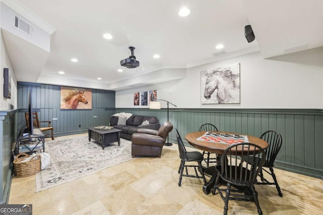 dining area featuring a wainscoted wall, visible vents, and recessed lighting