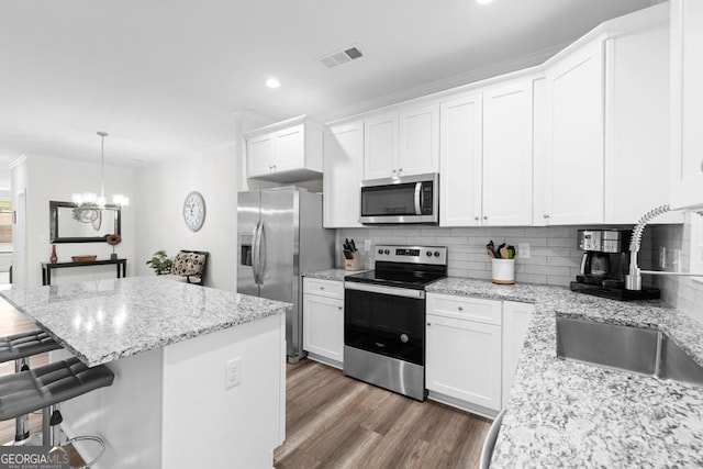 kitchen with stainless steel appliances, a sink, visible vents, a kitchen bar, and decorative backsplash