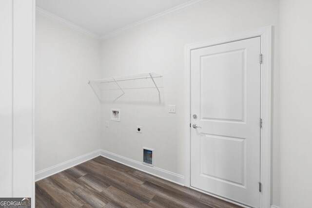 clothes washing area with hookup for a washing machine, hookup for an electric dryer, baseboards, dark wood-type flooring, and laundry area