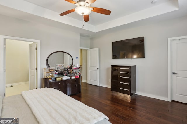 828 Canterbury Overlook NE, Atlanta, GA 30324 - bedroom with a raised ceiling, dark wood-style floors, baseboards, and ceiling fan