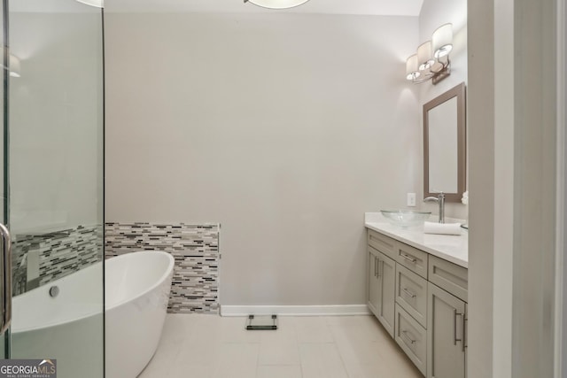 828 Canterbury Overlook NE, Atlanta, GA 30324 - bathroom featuring double vanity, a freestanding tub, tile patterned floors, a wainscoted wall, and baseboards