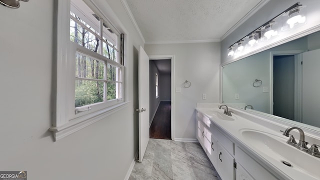 130 Fairview Dr, Stockbridge, GA 30281 - full bath featuring double vanity, a textured ceiling, crown molding, and marble look tile flooring