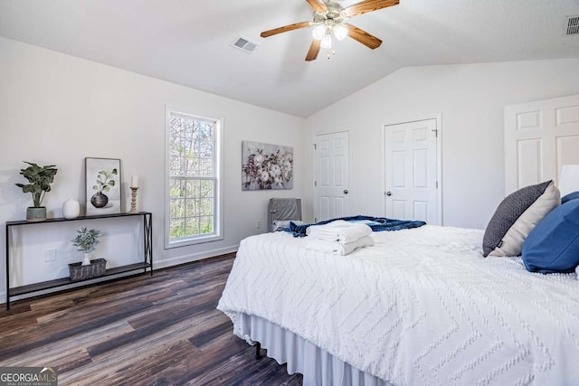 694 Austin Rd, Newnan, GA 30263 - bedroom with lofted ceiling, dark wood-style flooring, ceiling fan, and two closets