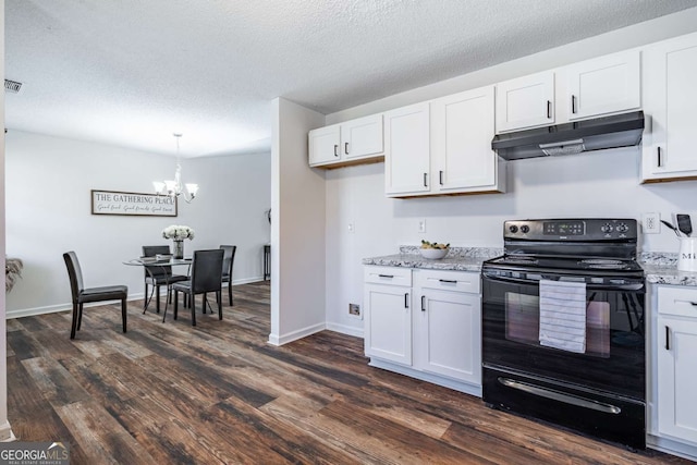 694 Austin Rd, Newnan, GA 30263 - kitchen featuring black / electric stove, under cabinet range hood, a chandelier, dark wood-style floors, and white cabinetry