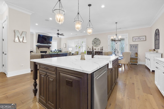 432 Horizon Trl, Canton, GA 30114 - kitchen featuring dishwasher, a ceiling fan, a chandelier, a fireplace, and recessed lighting