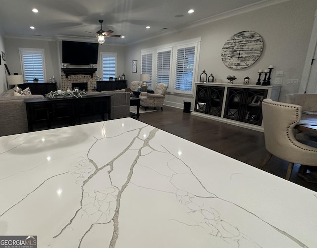 432 Horizon Trl, Canton, GA 30114 - living room with ornamental molding, a ceiling fan, wood finished floors, recessed lighting, and a fireplace