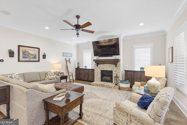 432 Horizon Trl, Canton, GA 30114 - living area with a ceiling fan, wood finished floors, baseboards, recessed lighting, and a brick fireplace