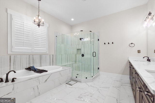 432 Horizon Trl, Canton, GA 30114 - full bathroom featuring a bath, a shower stall, a chandelier, double vanity, and baseboards