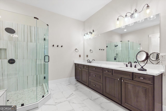 432 Horizon Trl, Canton, GA 30114 - full bathroom featuring a stall shower, double vanity, marble look tile flooring, and baseboards
