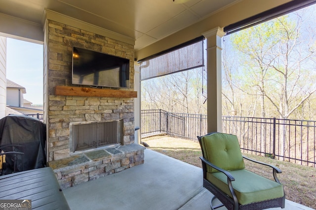 432 Horizon Trl, Canton, GA 30114 - fenced backyard featuring an outdoor stone fireplace, a patio, and a grill