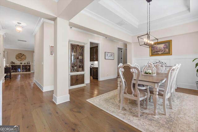 432 Horizon Trl, Canton, GA 30114 - dining room with ornamental molding, a chandelier, hardwood / wood-style flooring, and a tray ceiling