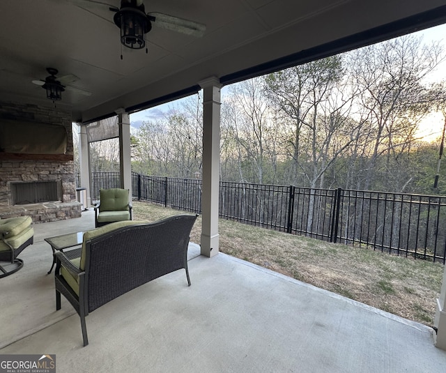 432 Horizon Trl, Canton, GA 30114 - fenced backyard featuring a ceiling fan, a patio area, and an outdoor living space with a fireplace
