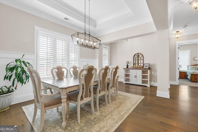 432 Horizon Trl, Canton, GA 30114 - dining room with a chandelier, wainscoting, dark wood-style flooring, a tray ceiling, and crown molding