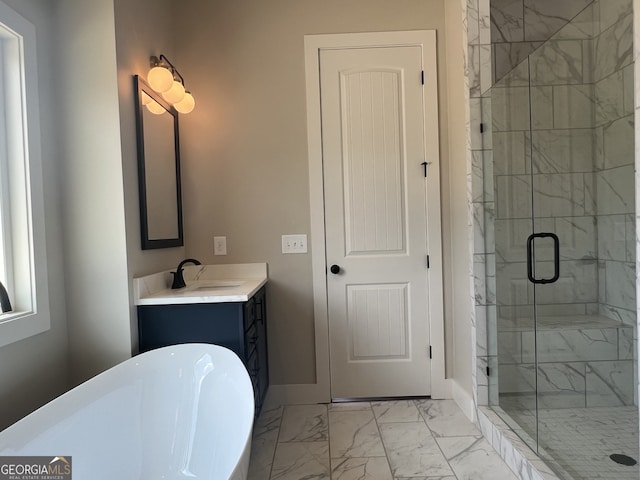 1502 Whooping Creek Church Rd, Carrollton, GA 30117 - bathroom with a freestanding bath, a shower stall, vanity, baseboards, and marble finish floor