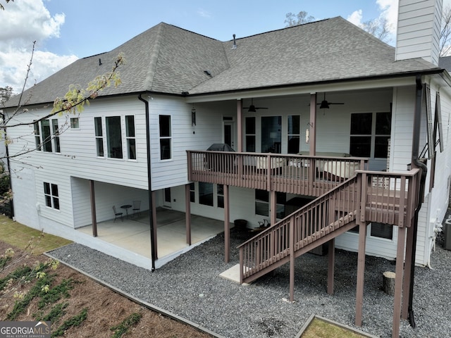 305 Red Gate Ln, Canton, GA 30115 - rear view of house featuring a patio area, roof with shingles, a ceiling fan, and a chimney