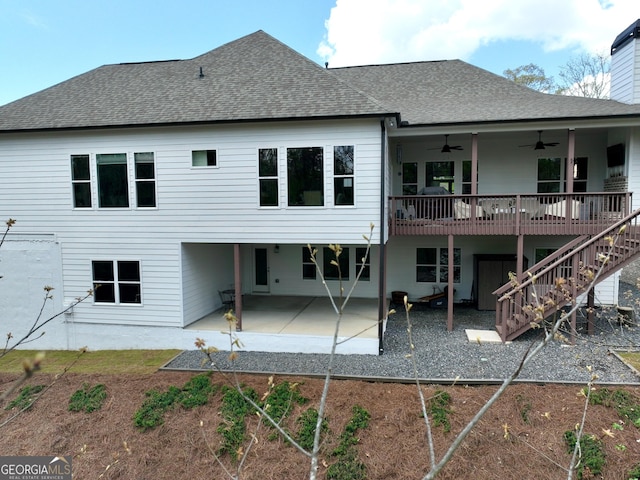 305 Red Gate Ln, Canton, GA 30115 - rear view of property with a wooden deck, a ceiling fan, stairway, a patio, and a shingled roof