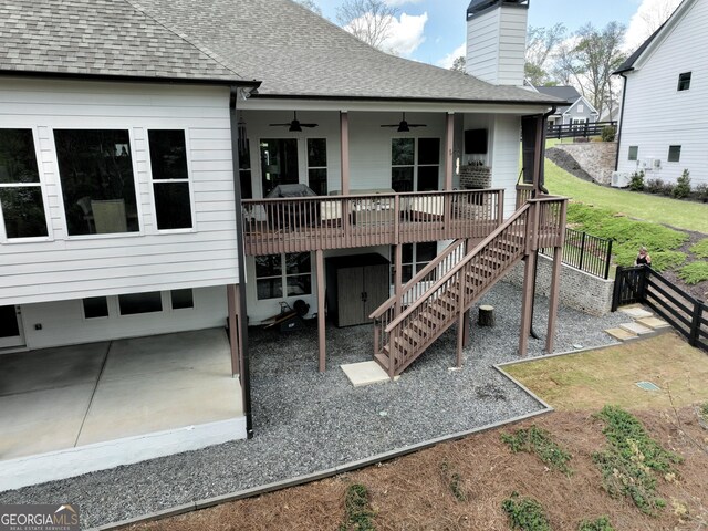305 Red Gate Ln, Canton, GA 30115 - back of house with a shingled roof, a ceiling fan, stairway, a patio, and a wooden deck
