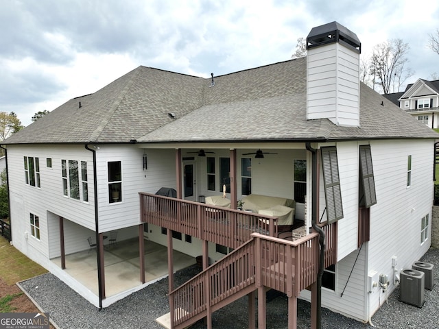 305 Red Gate Ln, Canton, GA 30115 - back of property featuring a shingled roof, a deck, a ceiling fan, a chimney, and a patio